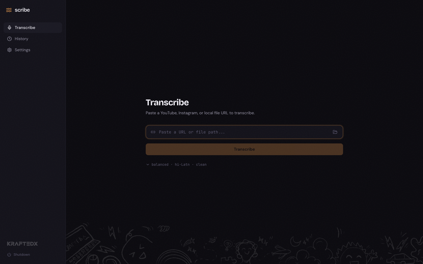The anyscribe web UI: a dark dashboard with a Transcribe, History, and Settings sidebar, a URL input reading paste a URL or file path, an amber Transcribe button, and a balanced hi-Latn clean options row.
